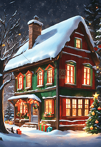 圣诞小屋冬天雪景圣诞树夜晚插画