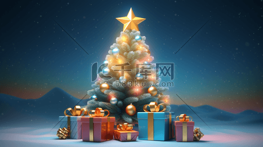 金色起球插画图片_3D圣诞礼物包围的圣诞树插画14