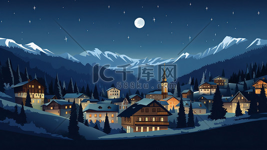 瑞士旅游插画图片_瑞士小镇雪景的夜晚14