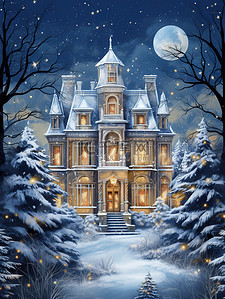 古时豪宅插画图片_雪中夜色的城堡豪宅12