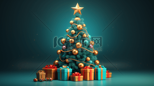 金色起球插画图片_3D圣诞礼物包围的圣诞树插画122