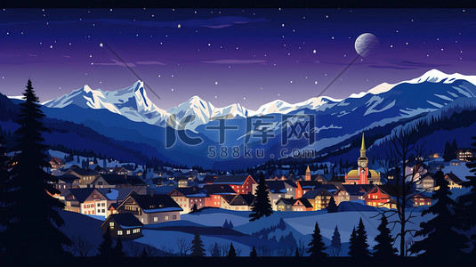 瑞士旅游插画图片_瑞士小镇雪景的夜晚19