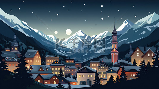 瑞士旅游插画图片_瑞士小镇雪景的夜晚11
