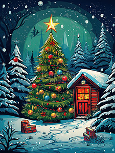 月亮装饰插画图片_圣诞节装饰夜色圣诞树6
