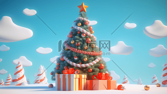 金色五角星3d插画图片_3D圣诞礼物包围的圣诞树插画4