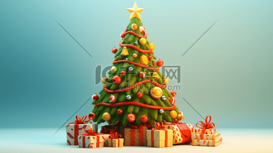金色五角星3d插画图片_3D圣诞礼物包围的圣诞树插画5