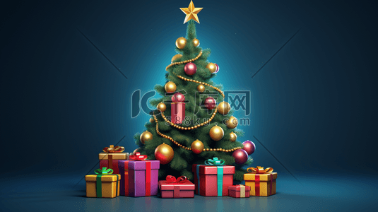 金色五角星3d插画图片_3D圣诞礼物包围的圣诞树插画3