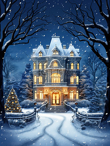 城堡雪插画图片_雪中夜色的城堡豪宅14