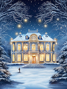 古时豪宅插画图片_雪中夜色的城堡豪宅18
