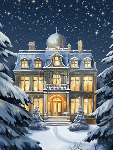 古时豪宅插画图片_雪中夜色的城堡豪宅19