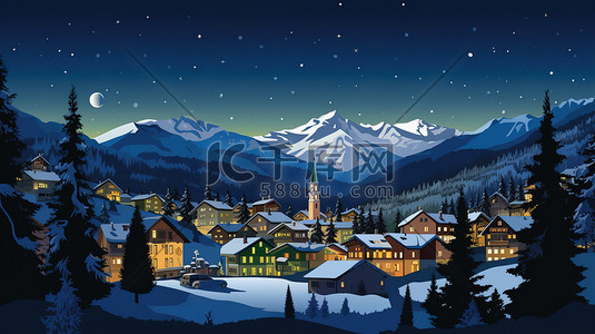 瑞士旅游插画图片_瑞士小镇雪景的夜晚10