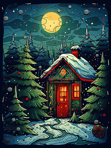 月亮装饰插画图片_圣诞节装饰夜色圣诞树11