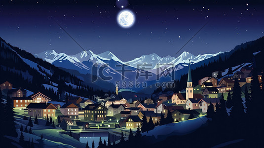 瑞士旅游插画图片_瑞士小镇雪景的夜晚7