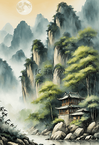 水墨画山水树林风景中国画写实