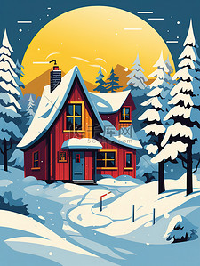 雪中的小屋插画图片_复古海报雪中的小屋19