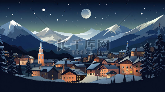 瑞士旅游插画图片_瑞士小镇雪景的夜晚18