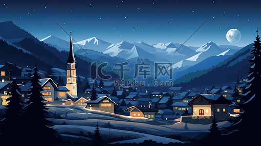 瑞士旅游插画图片_瑞士小镇雪景的夜晚12