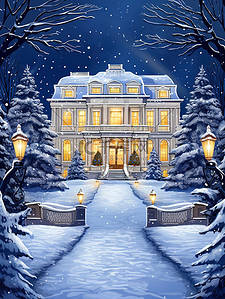 雪中夜色的城堡豪宅13
