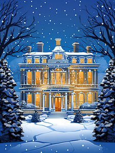 城堡雪插画图片_雪中夜色的城堡豪宅6