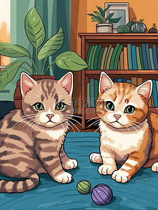 玩1插画图片_两只可爱的小猫玩线团1