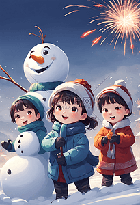 三个女孩雪地堆雪人冬天过年插画