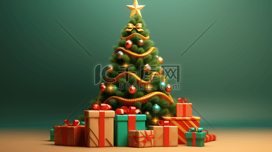 金色起球插画图片_3D圣诞礼物包围的圣诞树插画11