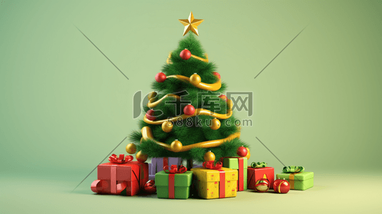 金色五角星3d插画图片_3D圣诞礼物包围的圣诞树插画7