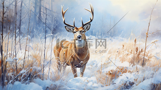 雪鹿插画图片_一只鹿在冬天被雪覆盖的草地3