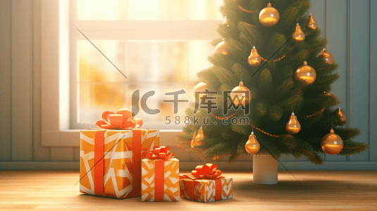 金色起球插画图片_3D圣诞礼物包围的圣诞树插画15