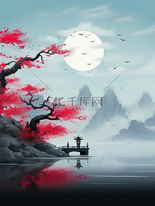 中国风数字2插画图片_远山高山雾气中国风山水画2