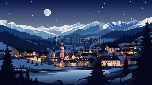 瑞士旅游插画图片_瑞士小镇雪景的夜晚13