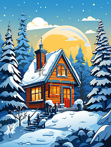 雪中的小屋插画图片_复古海报雪中的小屋7