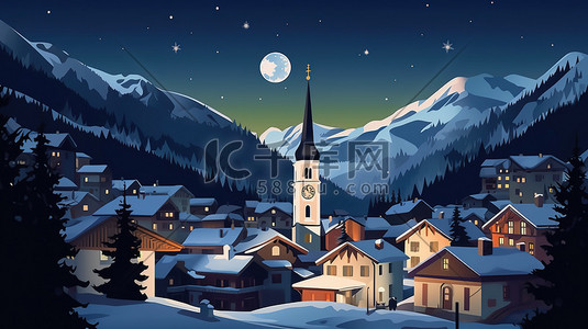 瑞士旅游插画图片_瑞士小镇雪景的夜晚1