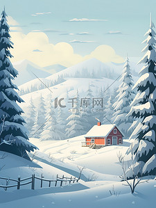 冬天雪屋的画插画图片_连绵起伏山丘雪屋冬季4