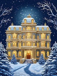 城堡雪插画图片_雪中夜色的城堡豪宅1