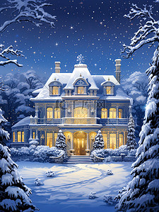 城堡雪插画图片_雪中夜色的城堡豪宅8