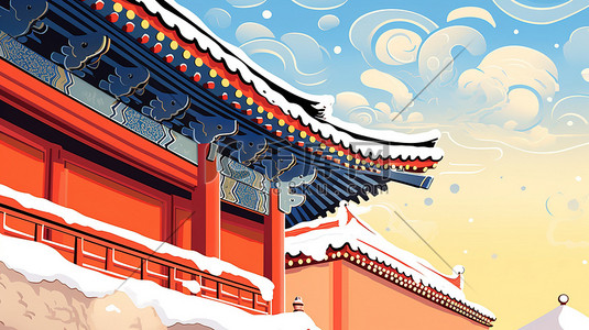 屋檐积雪插画图片_中国古代宫殿屋檐一角的特写4
