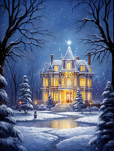 城堡雪插画图片_雪中夜色的城堡豪宅3