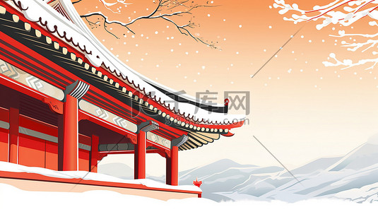 屋檐积雪插画图片_中国古代宫殿屋檐一角的特写6