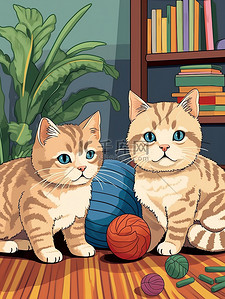 头脑线团插画图片_两只可爱的小猫玩线团17