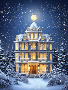 古时豪宅插画图片_雪中夜色的城堡豪宅7