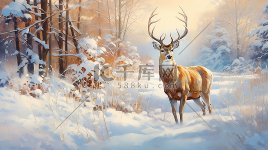 雪鹿插画图片_一只鹿在冬天被雪覆盖的草地1