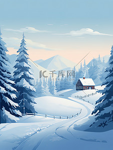 冬天雪屋的画插画图片_连绵起伏山丘雪屋冬季19