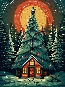 月亮装饰插画图片_圣诞节装饰夜色圣诞树1