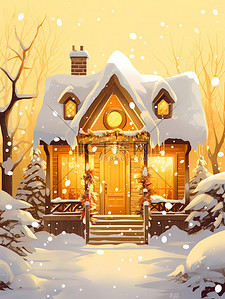 雪中黄色灯光温暖小屋11