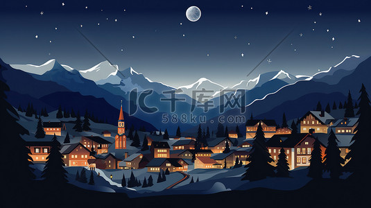 瑞士旅游插画图片_瑞士小镇雪景的夜晚4