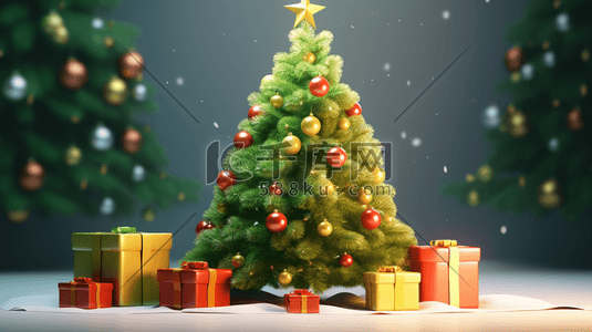 金色起球插画图片_3D圣诞礼物包围的圣诞树插画8
