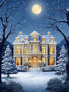 中夜色插画图片_雪中夜色的城堡豪宅11