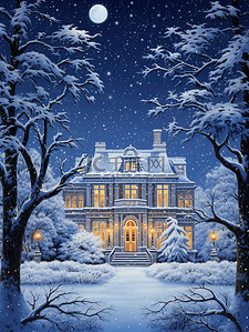 雪城堡插画图片_雪中夜色的城堡豪宅17