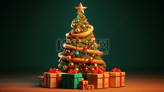 金色五角星3d插画图片_3D圣诞礼物包围的圣诞树插画9